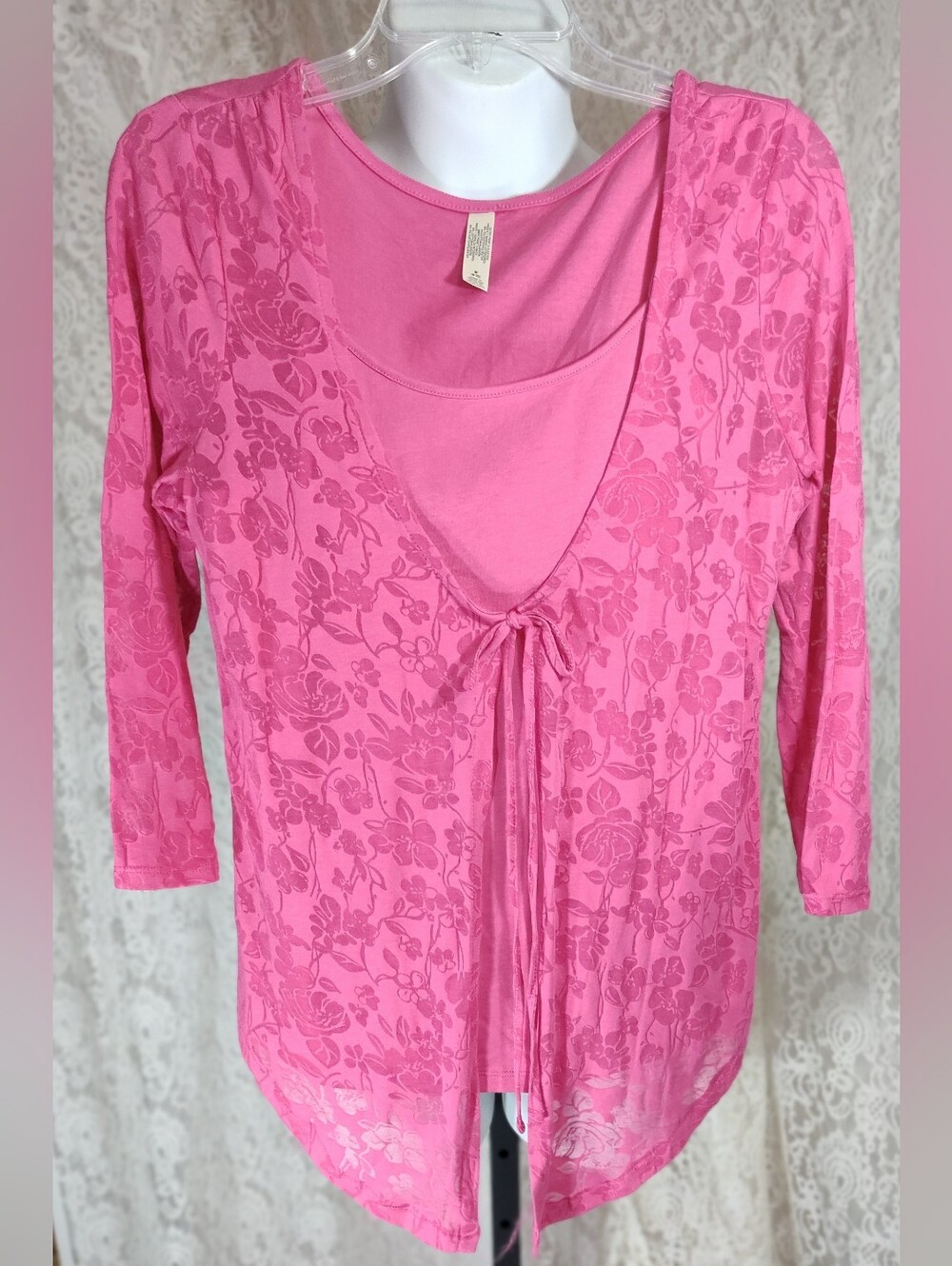 Women's 2fer Pink Floral Overlay Tie-Front Top